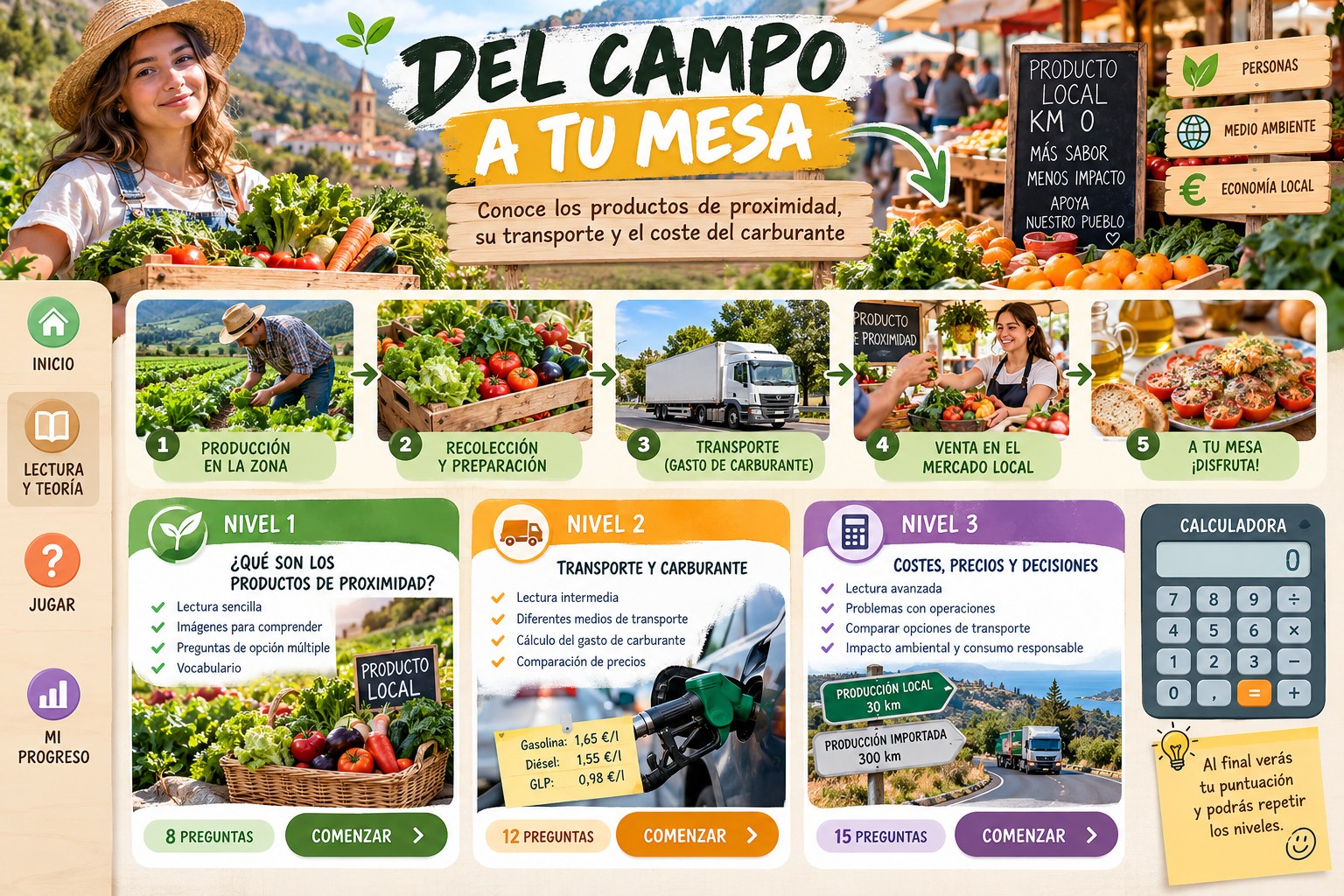 Infografía premium del campo al mercado con fotografías de huerta, transporte, venta, niveles y calculadora
